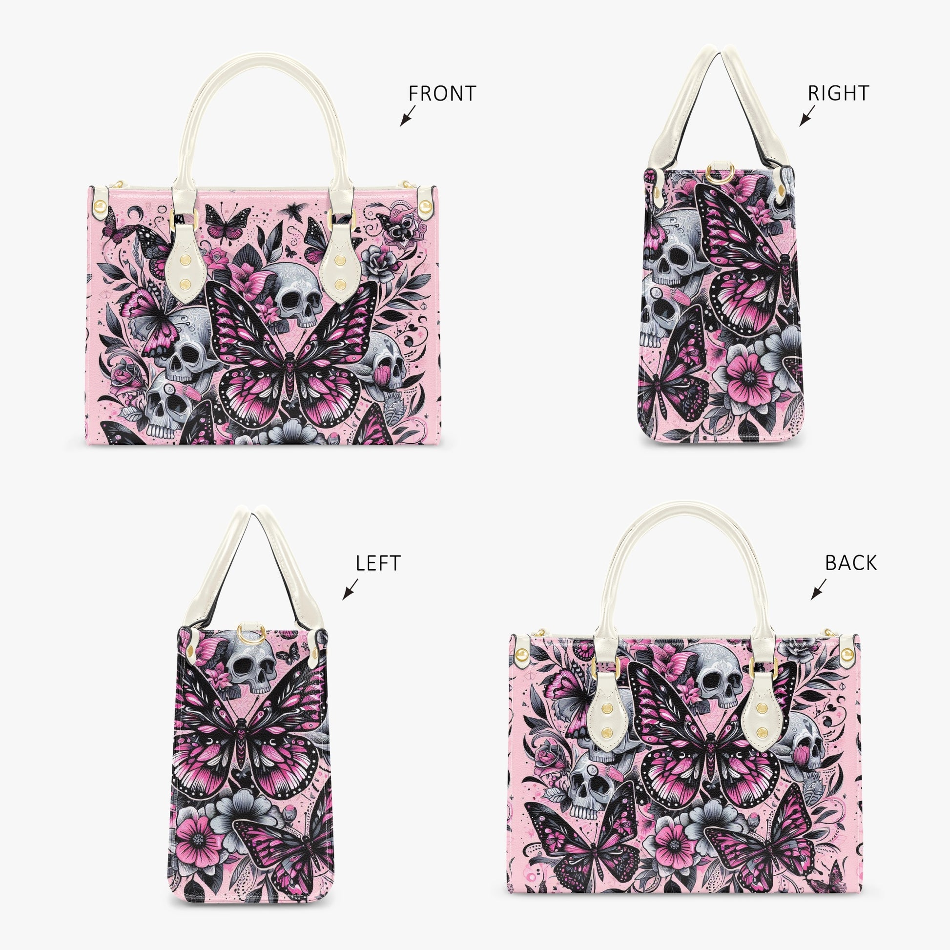 Pink tote bag with skull and butterfly design shown from front, right, left, and back views.