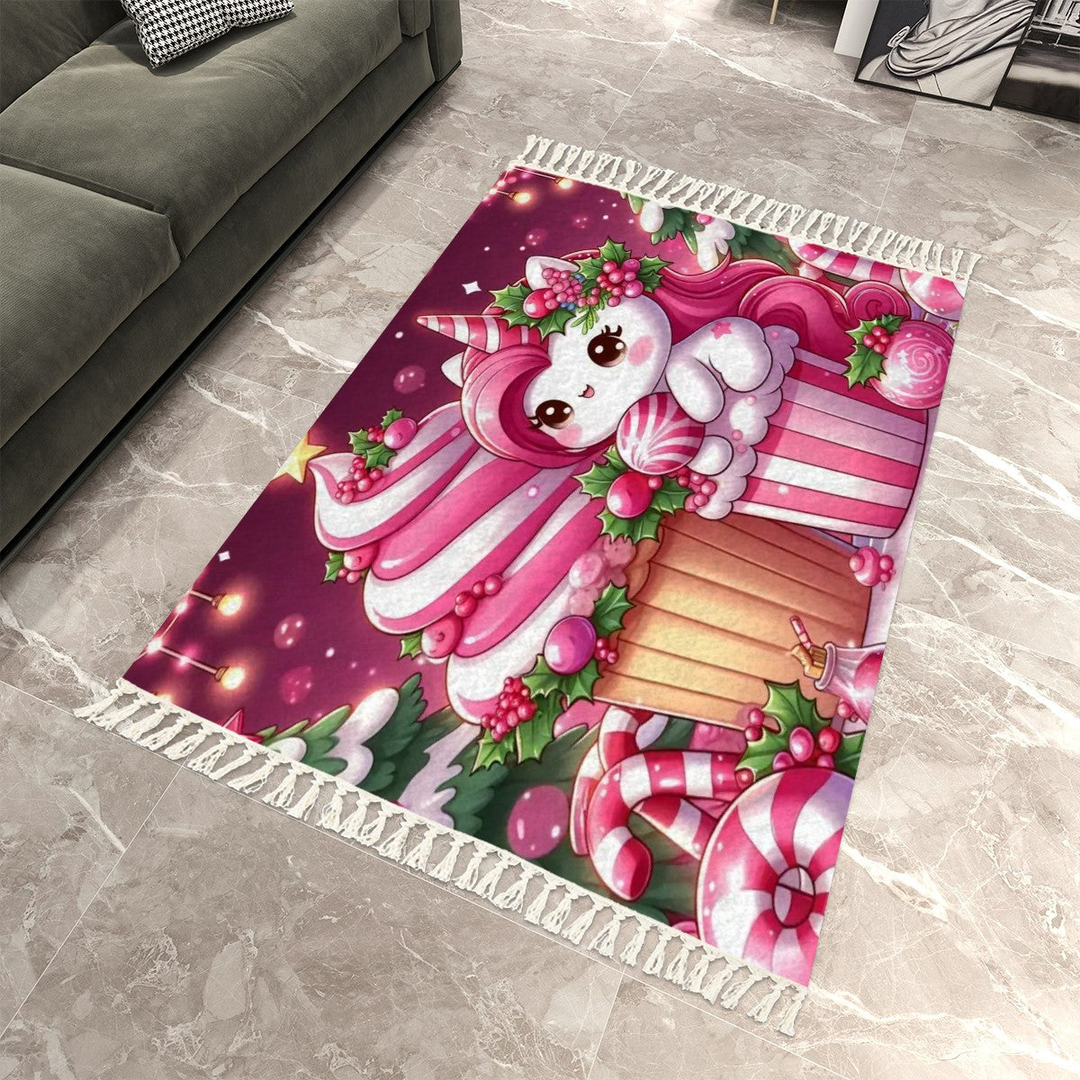 Pink Unicorn Christmas Area Rug with Tassels (8:5) by My Store