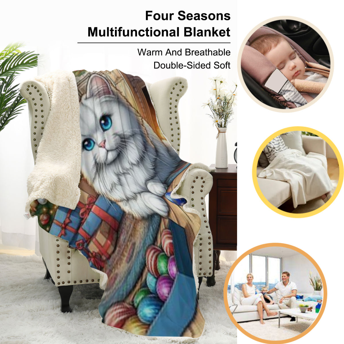Sherpa Blanket (Vertical Version) | Polyester (Imitation Wool) - wh cat ch1 by ChristmasLoving.Shop