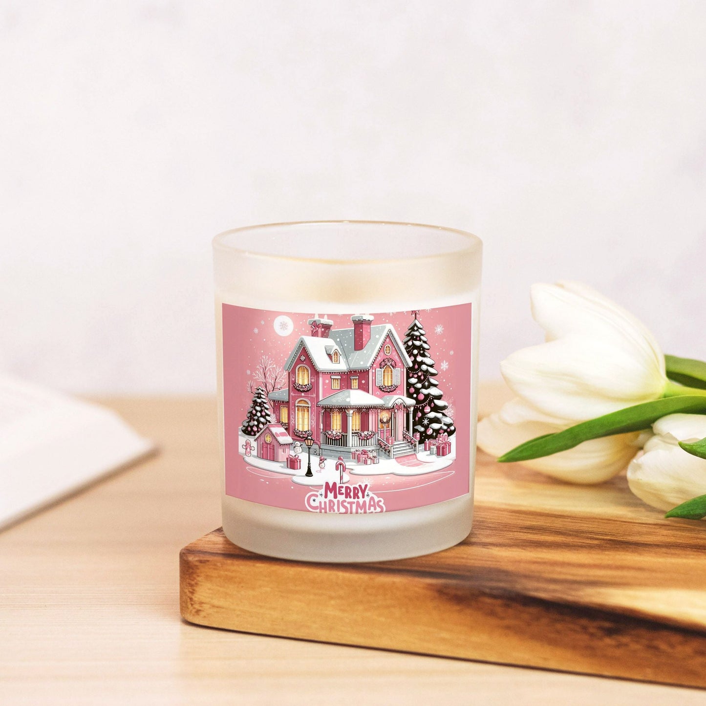 Merry Christmas Candle Frosted Glass Holder, Holiday Candle Decor, Christmas Table Centerpiece, Festive Home Decoration by My Store