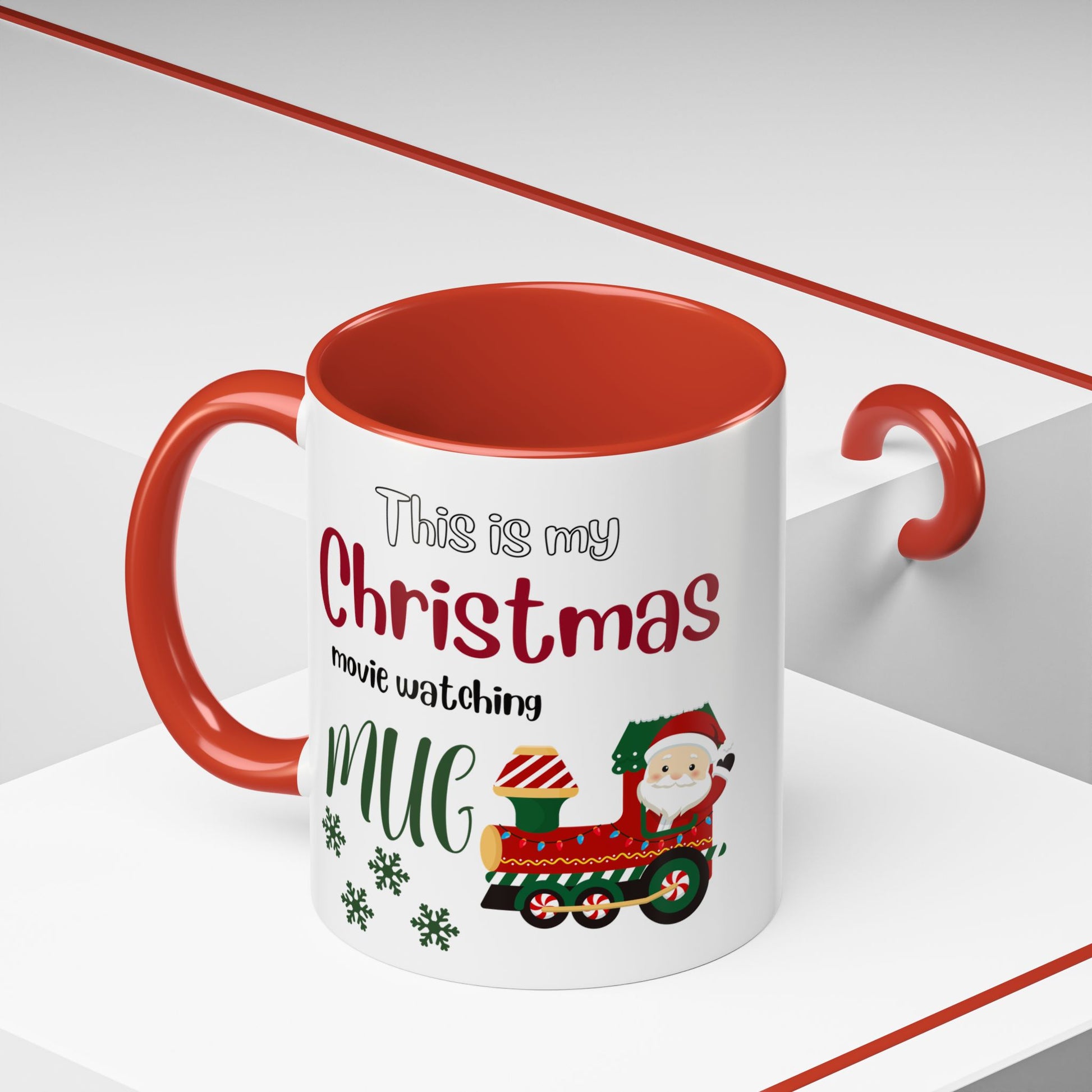 Christmas Movie Watching Accent Coffee Mug (11, 15oz) - Cozy Holiday Mug, Festive Hot Cocoa Cup, Winter Movie Night Gift, Santa Claus Mug, by Printify