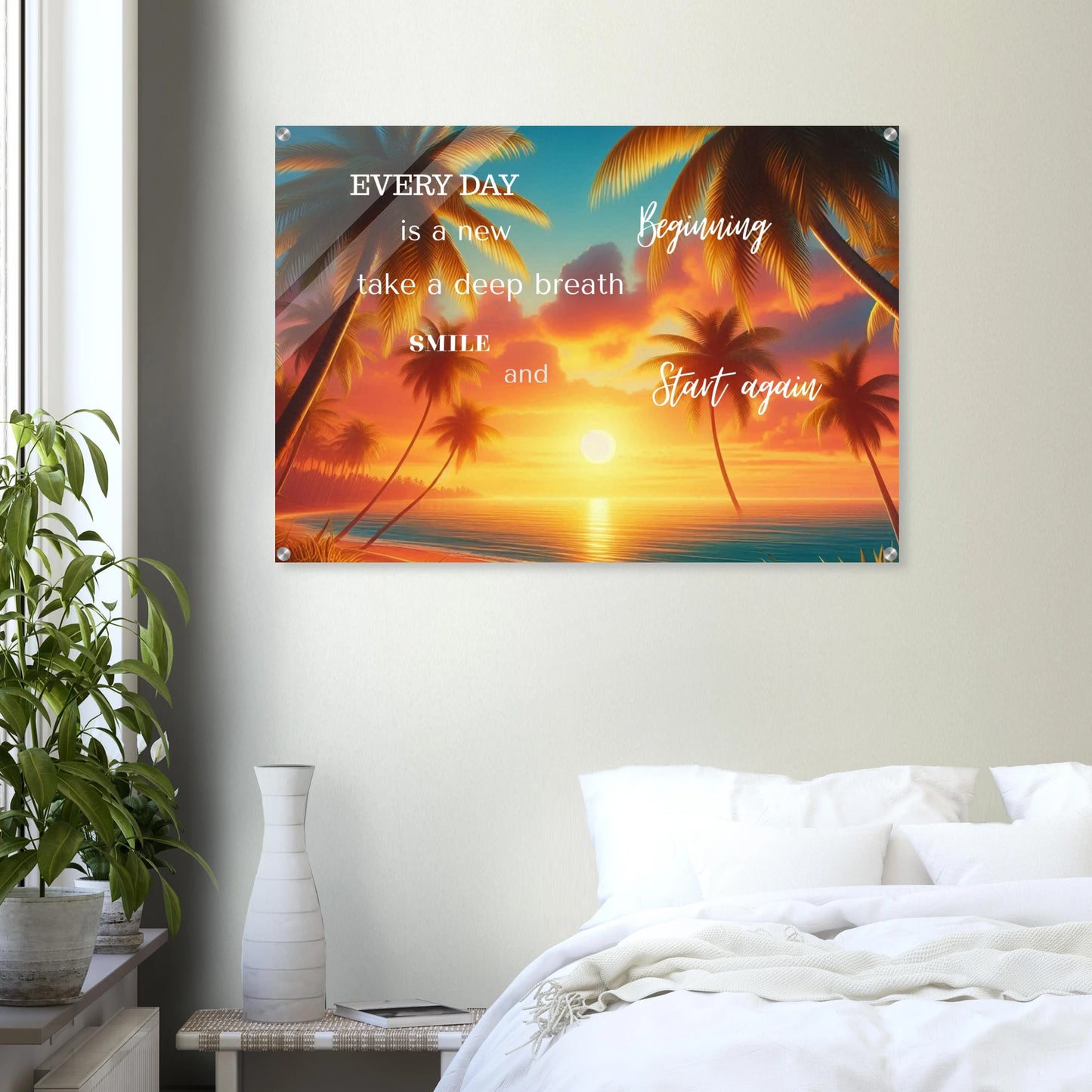 Decorative wall poster with palm trees and motivational quote in a bedroom setting.