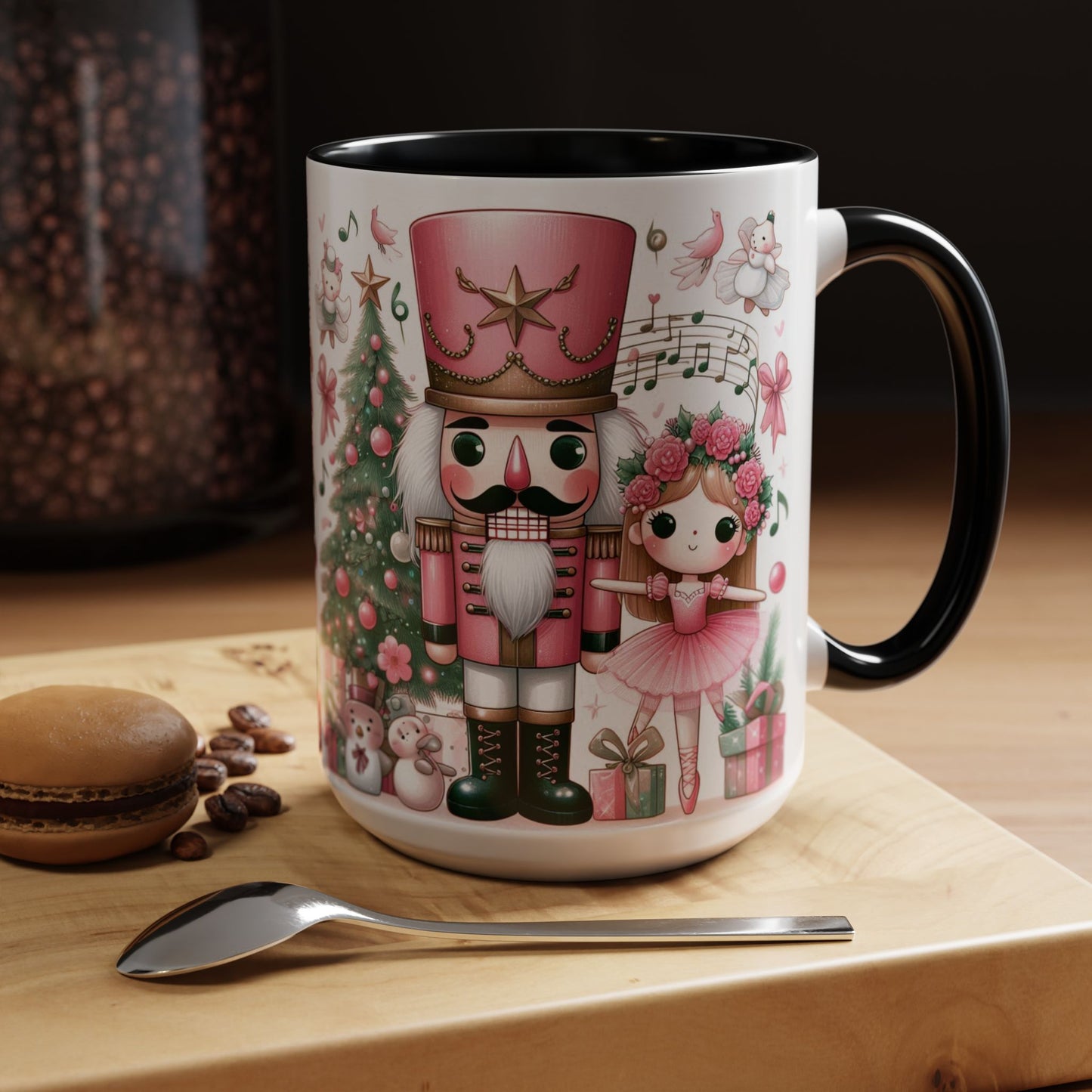 Coffee Mug, Nutcracker Pink Christmas Decoration, Festive Holiday Tea Cup, Unique Ceramic Drinkware, Kitchen Home Decor by Printify