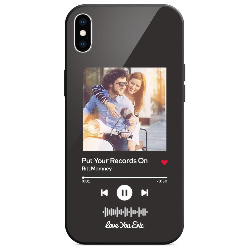 Phone case with a photo of a couple on a scooter and a music player interface.