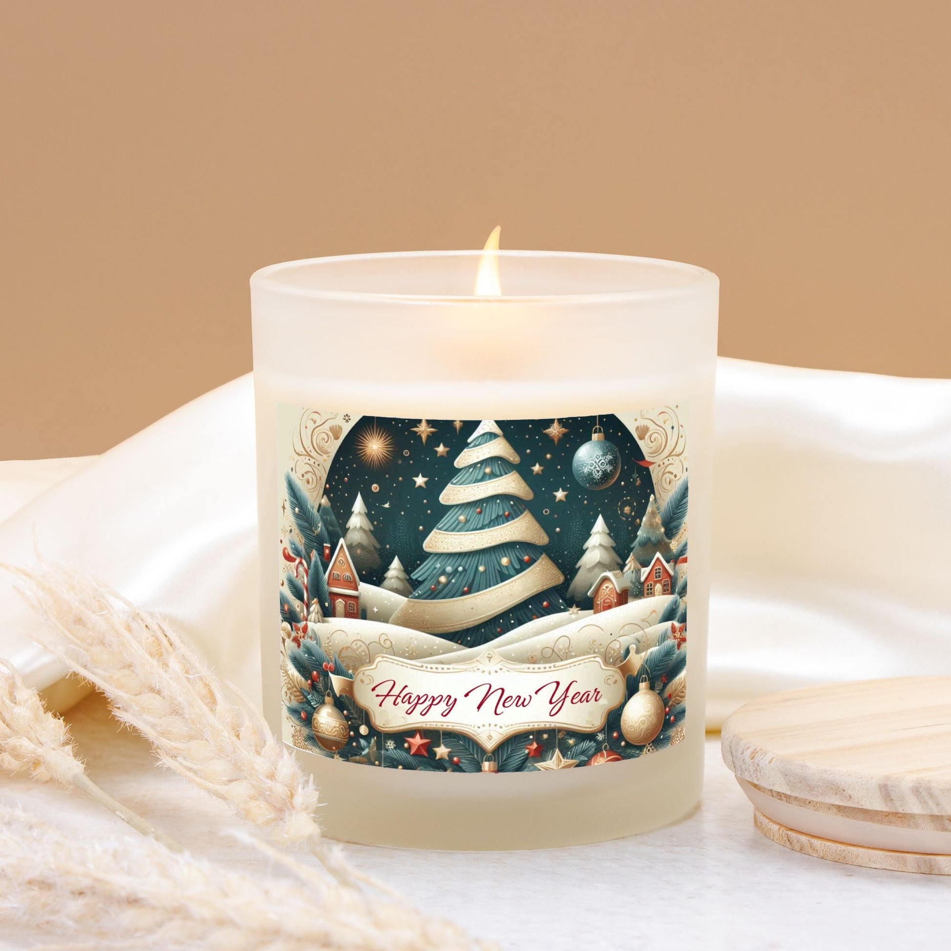 Happy New Year Candle Frosted Glass (Hand Poured 11 oz) by ChristmasLoving.Shop