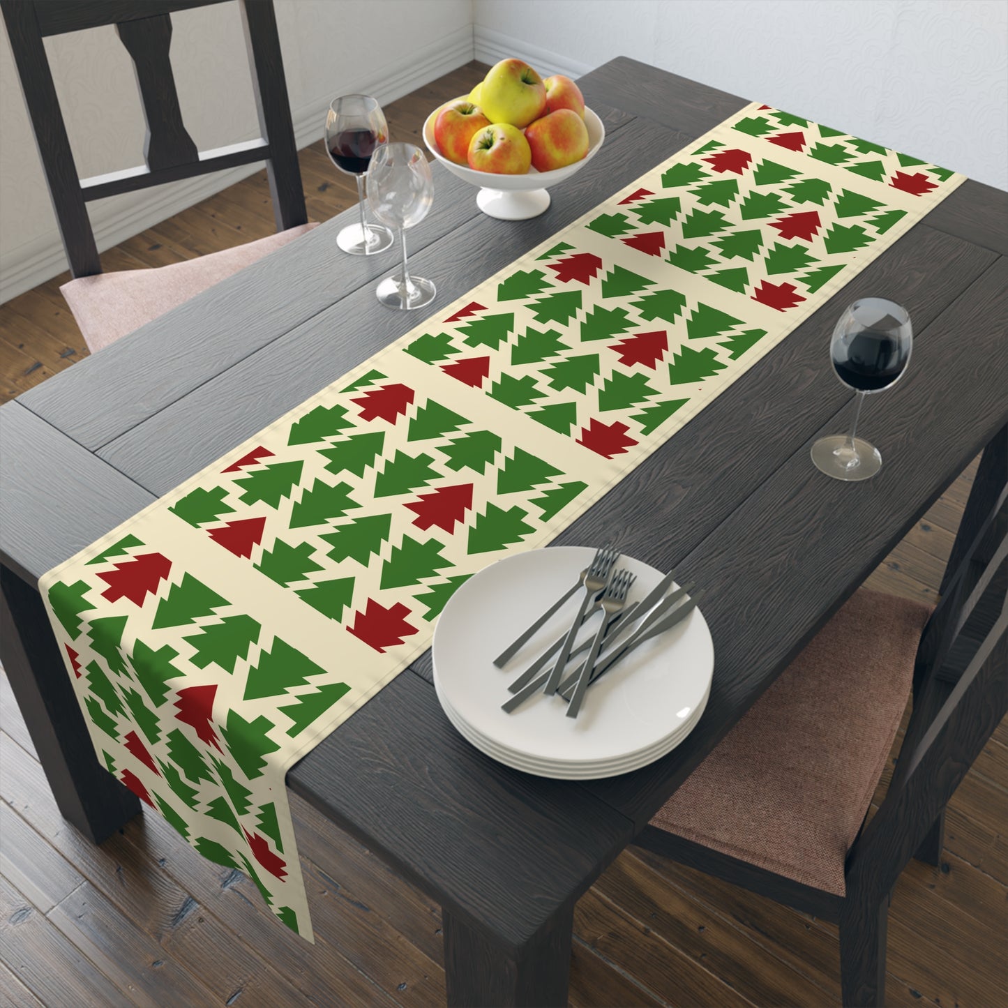 Christmas Trees Red Green Table Runner, Holiday Table Decor, Holiday Dinner Accessories - Cotton, Poly, Festive Table Linens, Christmas Home by Printify