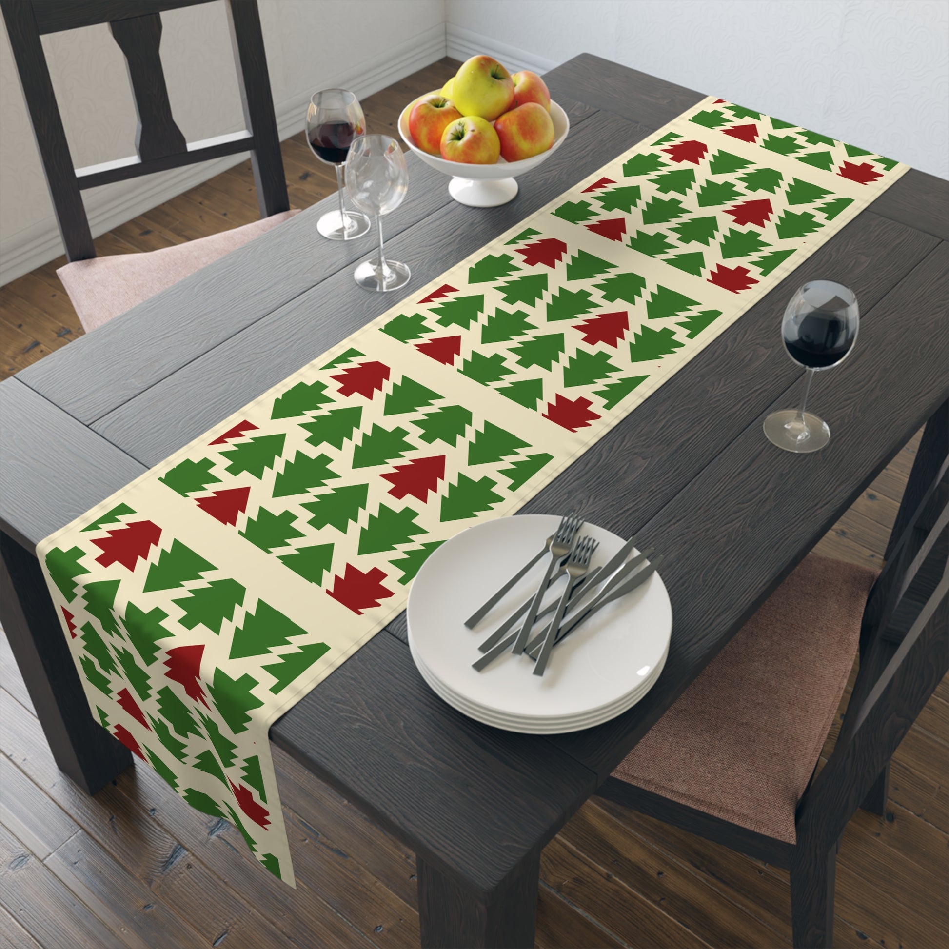 Christmas Trees Red Green Table Runner, Holiday Table Decor, Holiday Dinner Accessories - Cotton, Poly, Festive Table Linens, Christmas Home by Printify