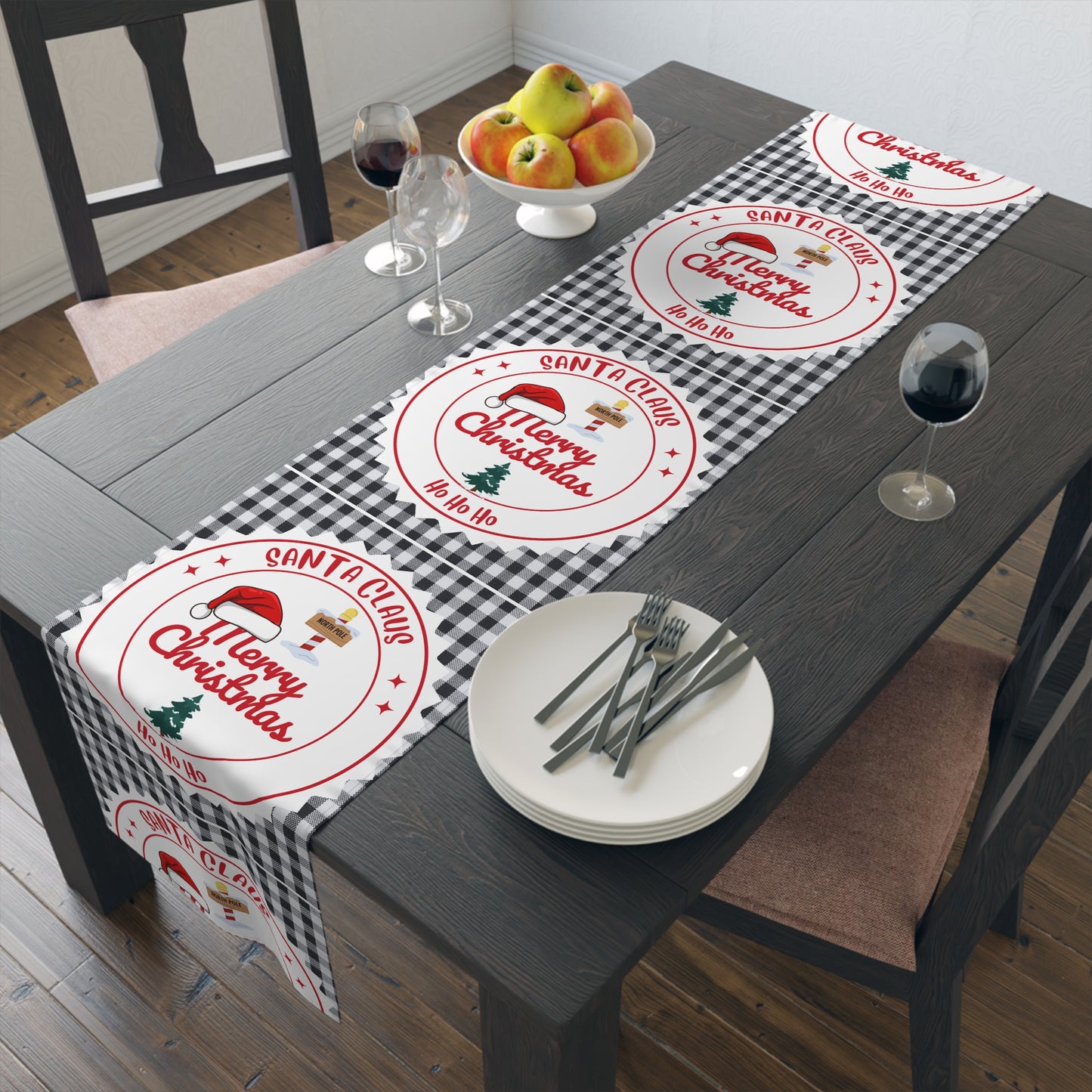 Christmas Table Runner, Festive Holiday Decor, Cotton Poly Blend, Red and White Christmas Decoration, Dining Table Linens, Xmas Kitchen by Printify