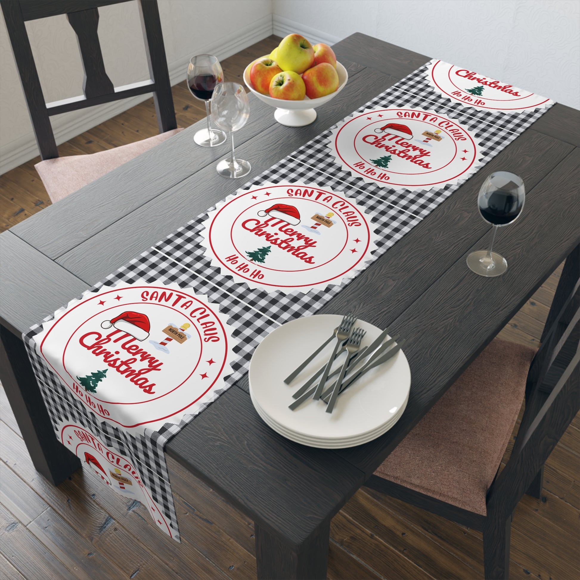 Christmas Table Runner, Festive Holiday Decor, Cotton Poly Blend, Red and White Christmas Decoration, Dining Table Linens, Xmas Kitchen by Printify