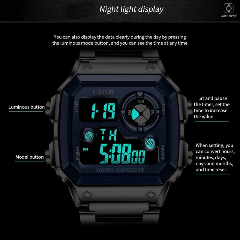 Lige Electronic Watch Unisex Watch Luminous Display Watch Multi-Function Chronograph Alarm Clock eprolo