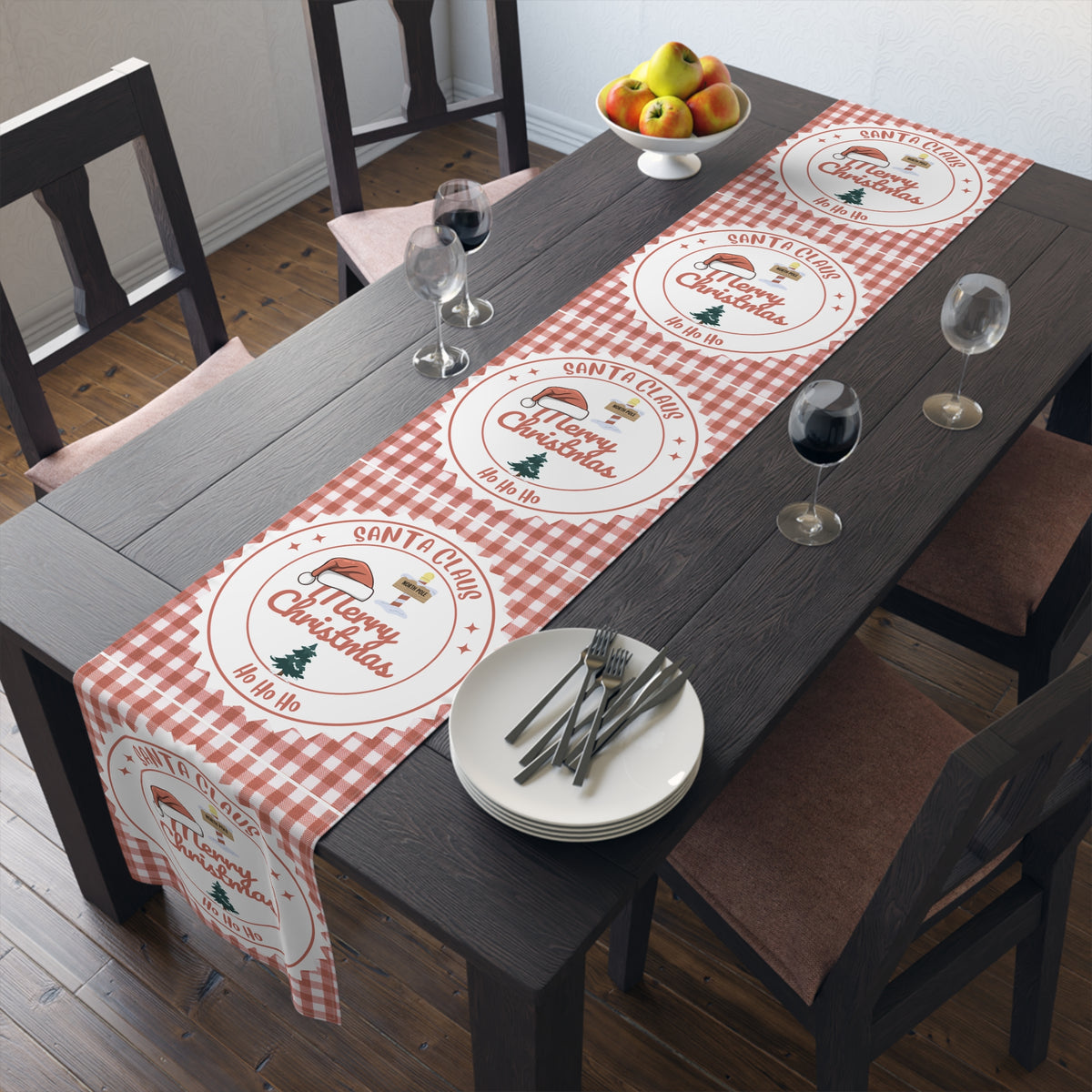 Table Runner, Christmas Decoration Santa Claus Ho Ho Ho, Red White, Cotton Poly, Home Decor, Holiday Table Linen, Festive Dining Accessories by Printify