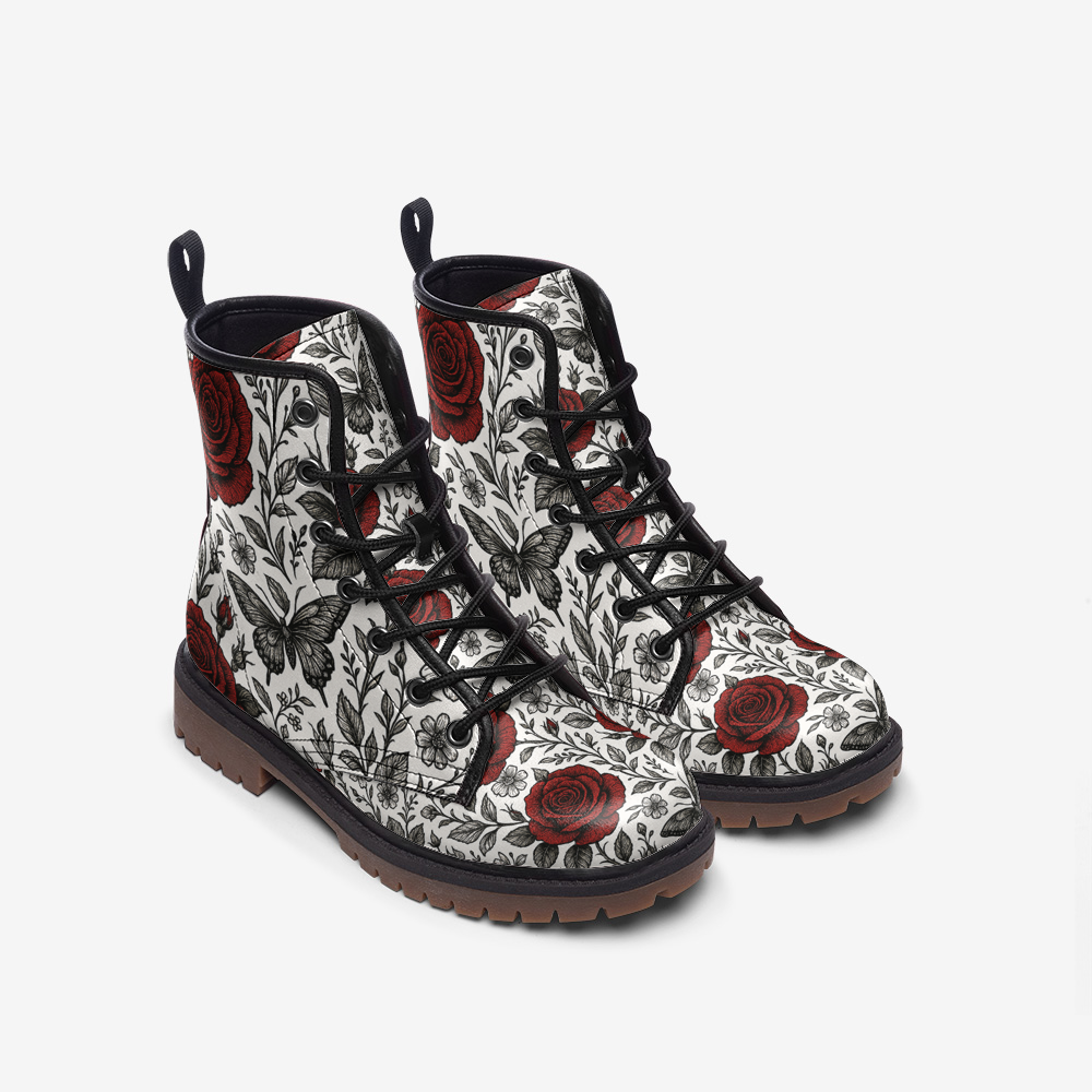 Casual Leather Boots with Red Roses Printy6