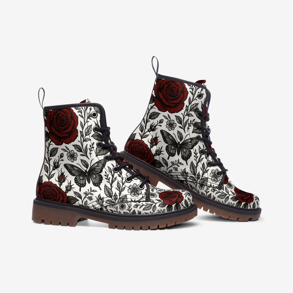 Casual Leather Boots with Red Roses Printy6