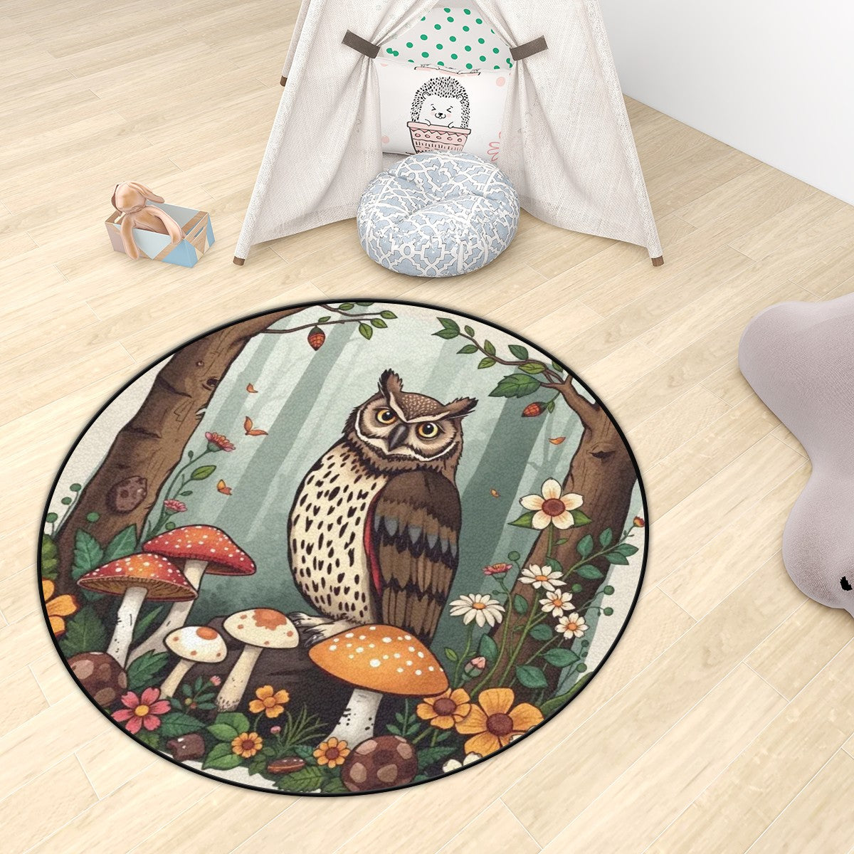 Owl & Forest Plush Round Area Rug – Kids Room Soft Play Mat Nursery Decor JewelryLuxeUS.Shop