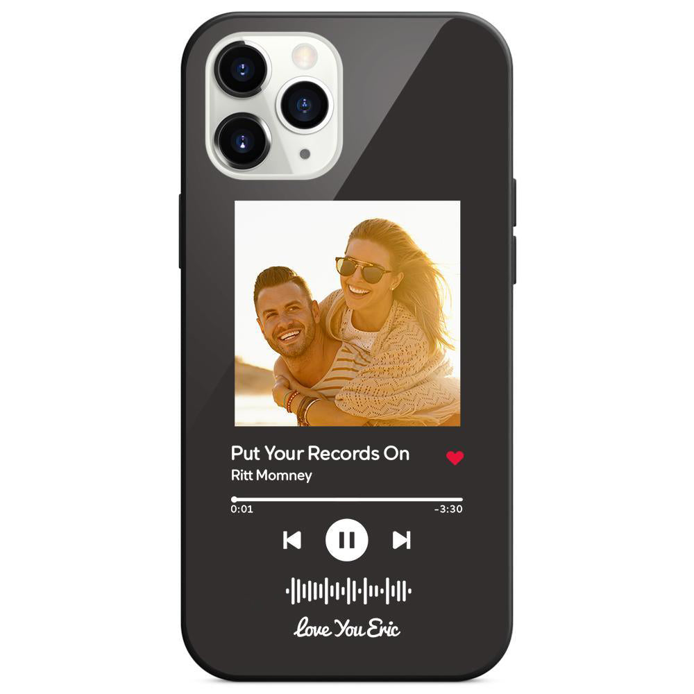 Black phone case featuring a couple on the beach, styled as a music player with song title and personalized message.