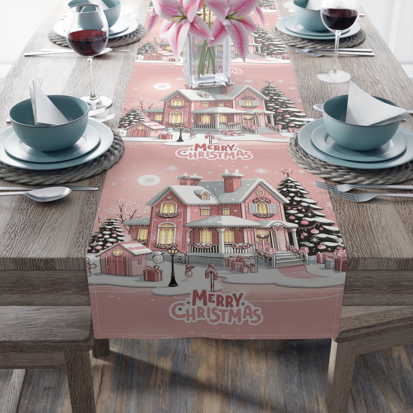 Christmas House Table Runner - Festive Holiday Decor Pink Merry Christmas, Dining Room Kitchen Decor, Home Decoration, by Printify