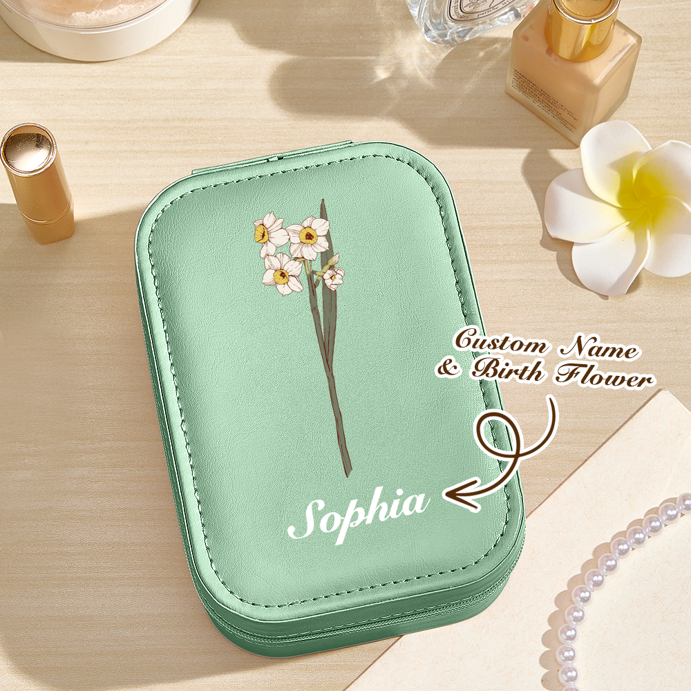 Personalized mint green PU leather jewelry box with birth flower and 'Sophia' name engraving, ideal birthday gift for her.