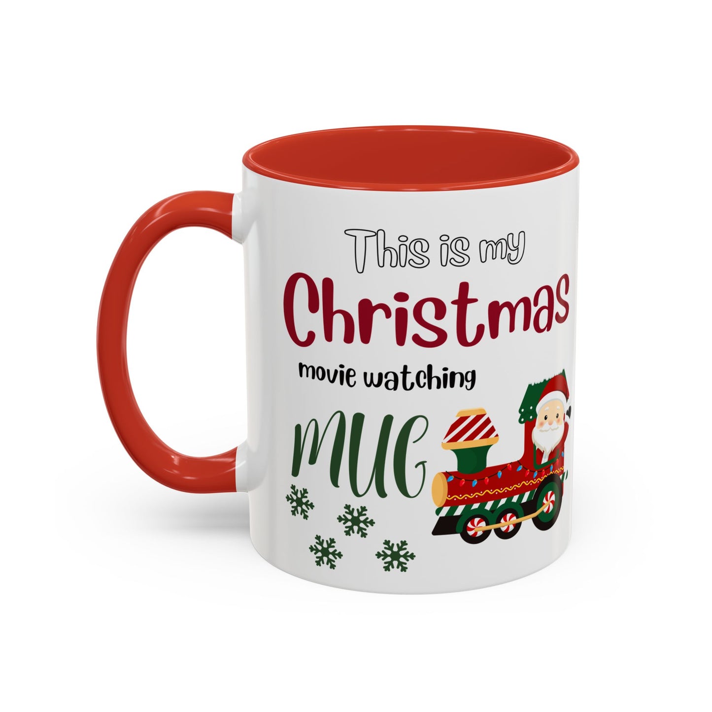 Christmas Movie Watching Accent Coffee Mug (11, 15oz) - Cozy Holiday Mug, Festive Hot Cocoa Cup, Winter Movie Night Gift, Santa Claus Mug, by Printify