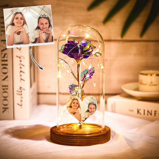Custom Photo Eternal Rose Flower LED Night Light in glass dome, a romantic gift with personalized photos