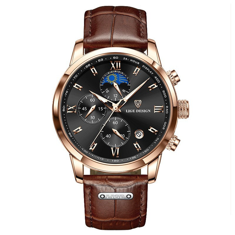 Lige Men's Quartz Watch Multifunction Chronograph Moon Phase Quartz Movement Waterproof Watch eprolo