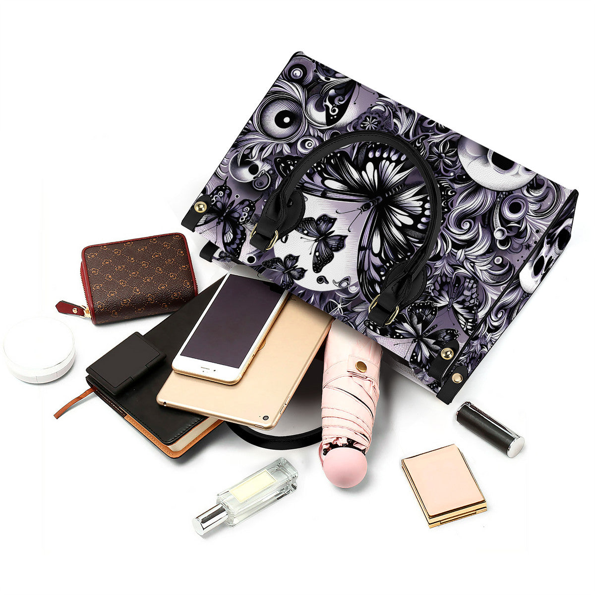 Skull and Butterflies Luxury Women PU Tote Bag - Black JewelryLuxeUS.Shop