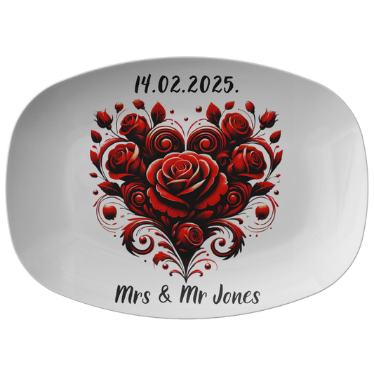 White oval platter with red rose heart design, black script date and personalized names.