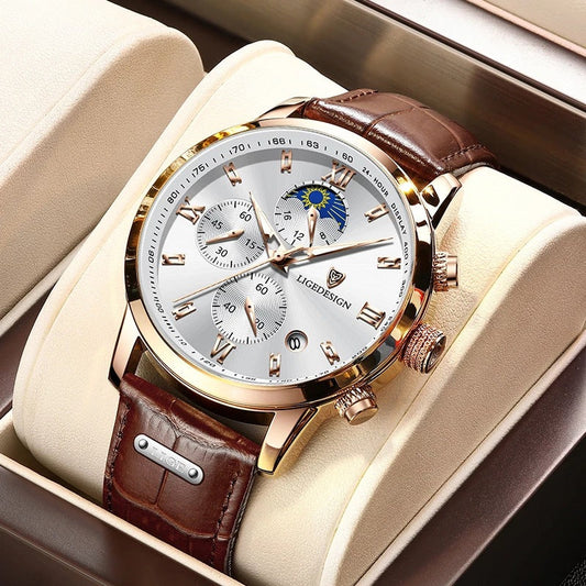 Lige Men's Quartz Watch Multifunction Chronograph Moon Phase Quartz Movement Waterproof Watch eprolo