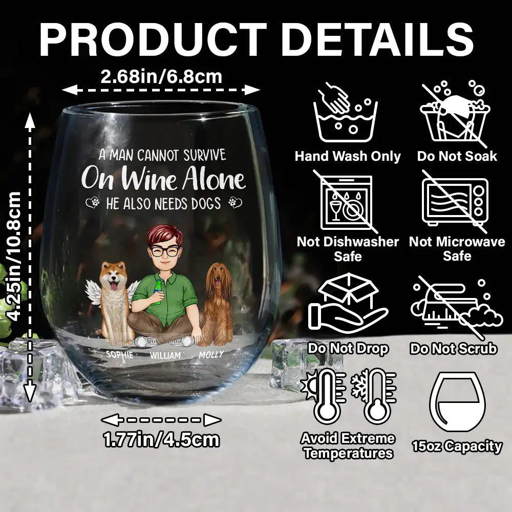 A novelty wine glass featuring a personalized design and product details, including dimensions, care instructions, and capacity.