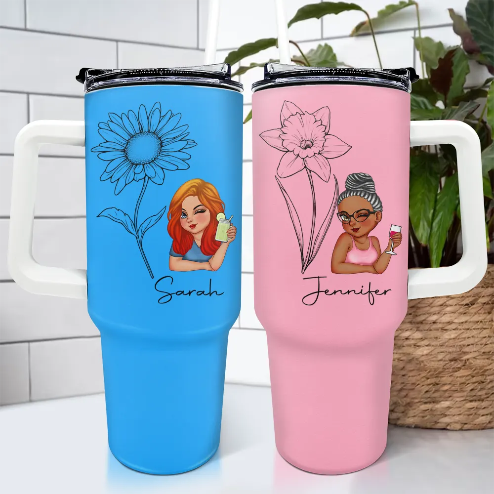 Two personalized, pastel-colored stainless steel tumblers with handle, featuring cartoon images of women named Sarah and Jennifer holding drinks in front of floral designs.