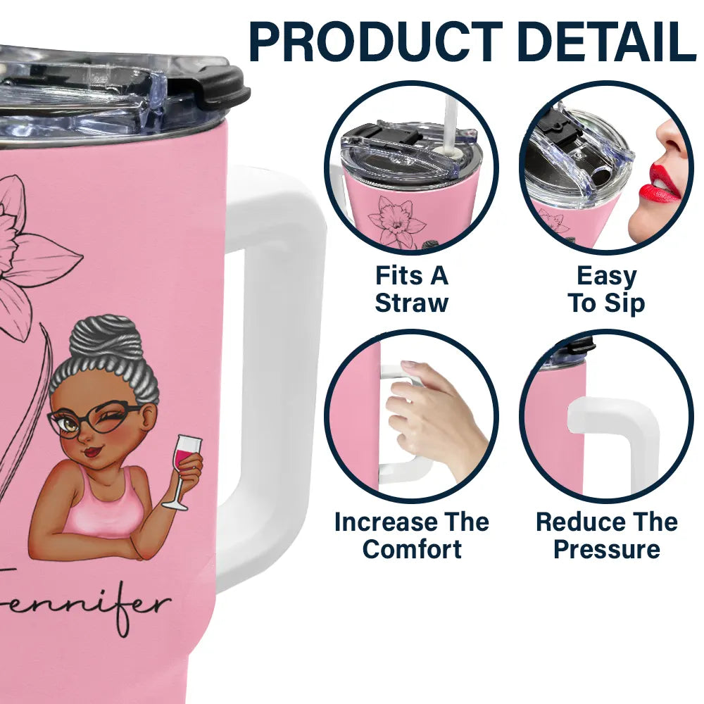Pink tumbler with a cartoon of a woman holding a wine glass, white handle, "Product Detail" text, and circles demonstrating the lid and handle features.
