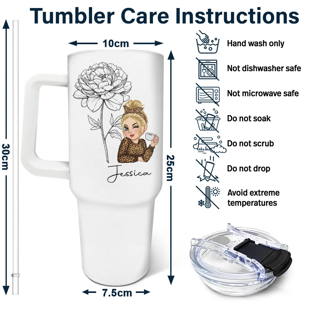 Tumbler care instructions with illustrations and dimensions.