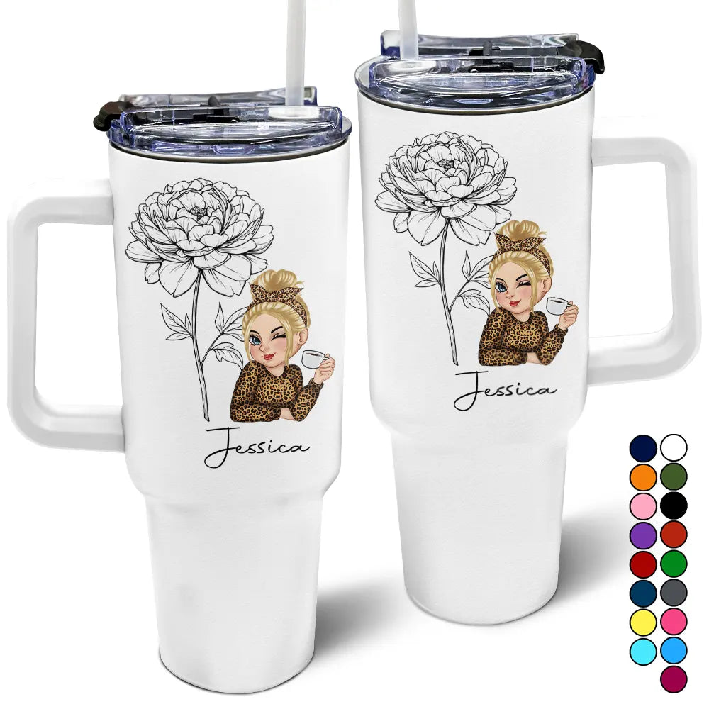 Two white handled mugs with images of a woman with blonde hair, a cheetah print outfit, a peony flower, and the name "Jessica" written on them. The mugs have straws and color options are displayed.