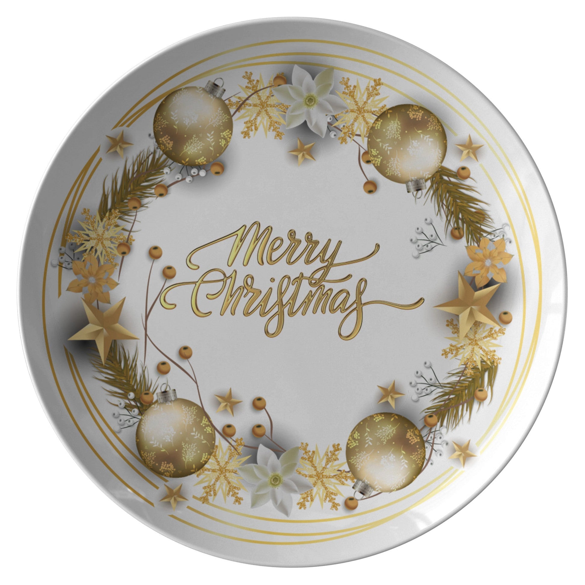Christmas Plate Merry ChristmasPRODUCT INFORMATION10" dinner plate manufactured from revolutionary polymer that is:

Microwave Safe
Oven Safe (250° up to 1 hour)
Dishwasher Safe
CPSC-Certified
FDAChristmasLoving.Shop
