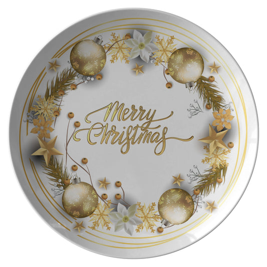 Christmas Plate Merry ChristmasPRODUCT INFORMATION10" dinner plate manufactured from revolutionary polymer that is:

Microwave Safe
Oven Safe (250° up to 1 hour)
Dishwasher Safe
CPSC-Certified
FDAChristmasLoving.Shop