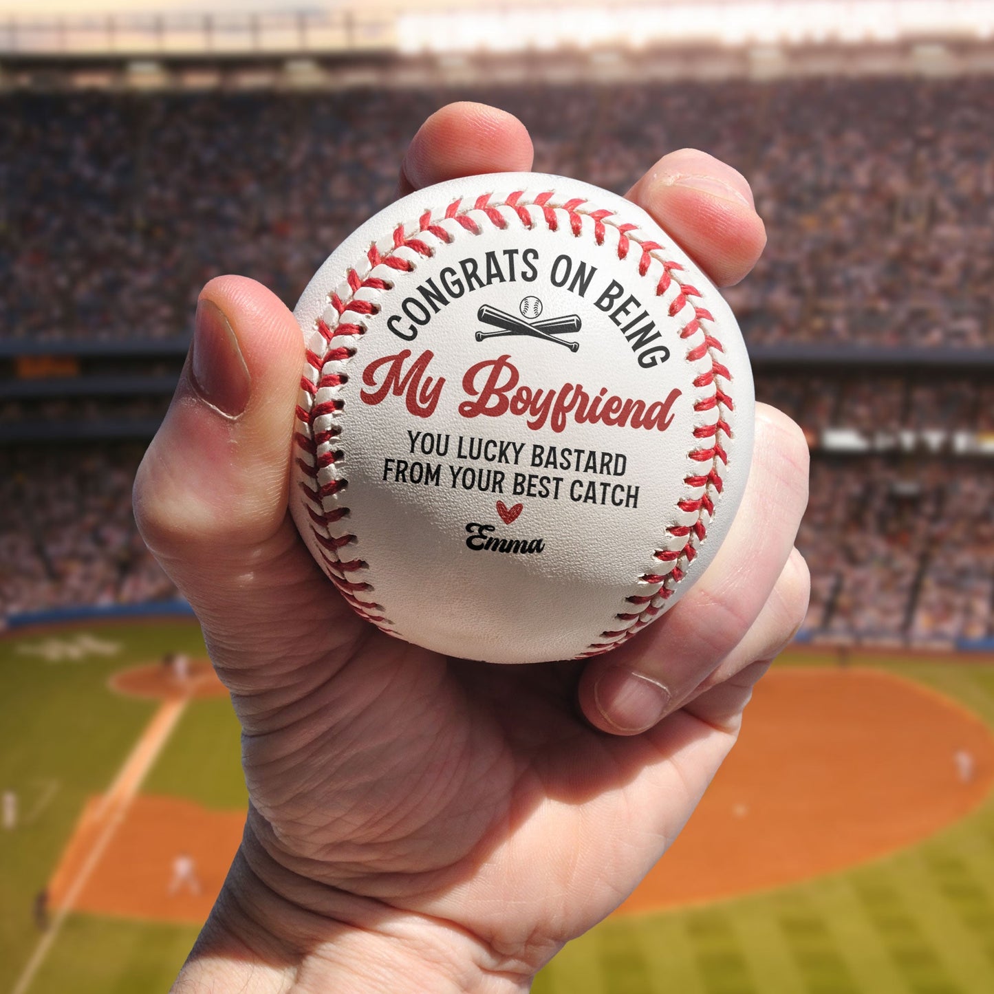 Personalized PU leather baseball gift with 'Congrats on being my Boyfriend' message, perfect for boyfriend.