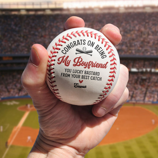 Personalized PU leather baseball gift with 'Congrats on being my Boyfriend' message, perfect for boyfriend.