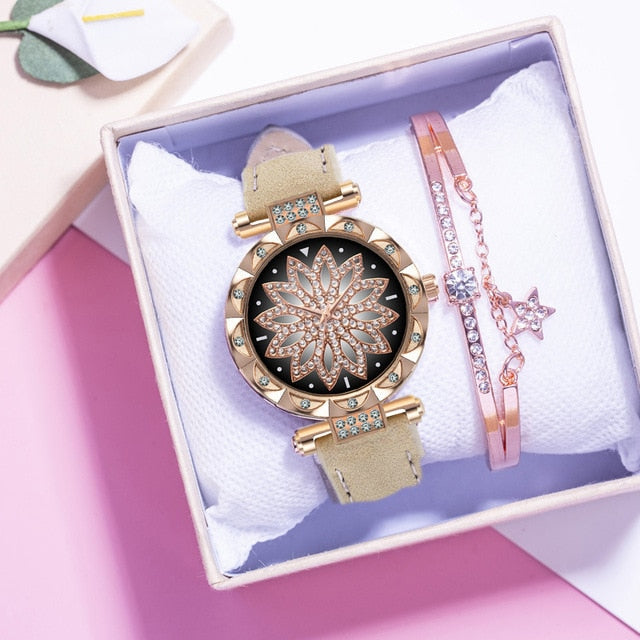 New Fashion Leather Strap Watch Women Quartz Watch Romantic Starry Sky Wrist Watch Bracelet Set for Women Gift Wrist Accessories eprolo