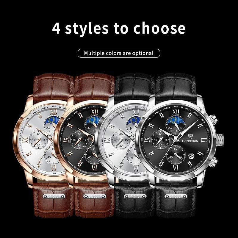 Lige Men's Quartz Watch Multifunction Chronograph Moon Phase Quartz Movement Waterproof Watch eprolo