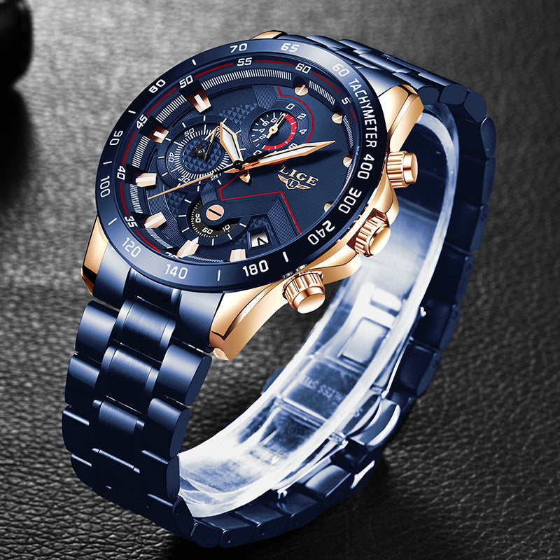 Lige Men's Business Quartz Watch Three Eyes Six Needles Multifunctional Waterproof Watch eprolo