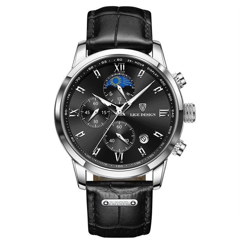 Lige Men's Quartz Watch Multifunction Chronograph Moon Phase Quartz Movement Waterproof Watch eprolo