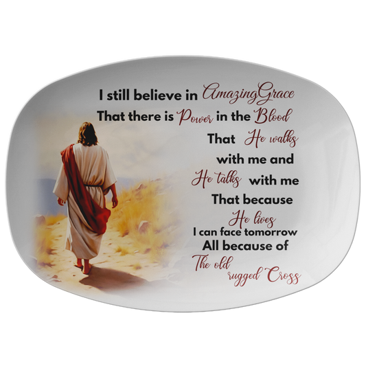 Oval white platter with religious cross design and inspirational Easter scripture in brown and orange script.