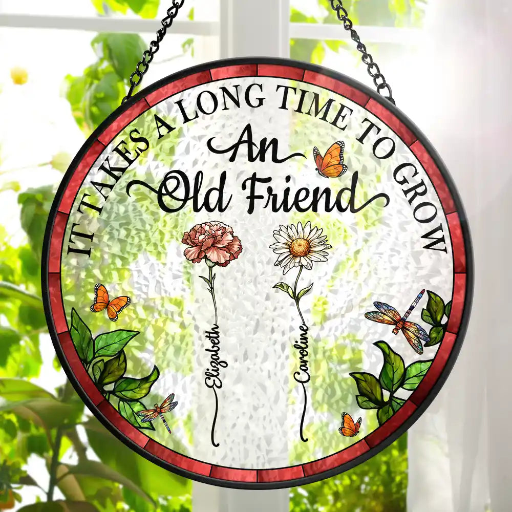 Birth Flower Grow An Old Friend - Personalized Stained Glass Window Hanging Suncatcher by Inkedjoy