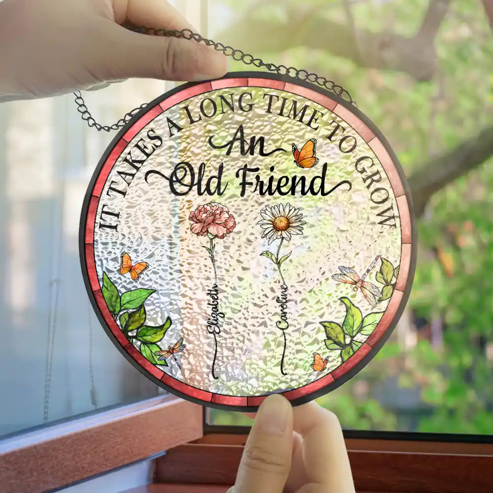 Birth Flower Grow An Old Friend - Personalized Stained Glass Window Hanging Suncatcher by Inkedjoy