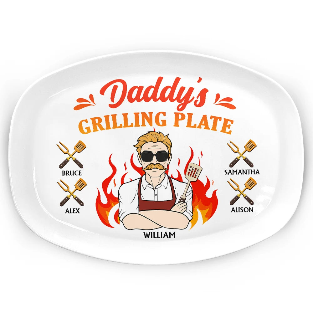 Daddy Grilling Plate Fire Cartoon - Personalized Plate by Inkedjoy
