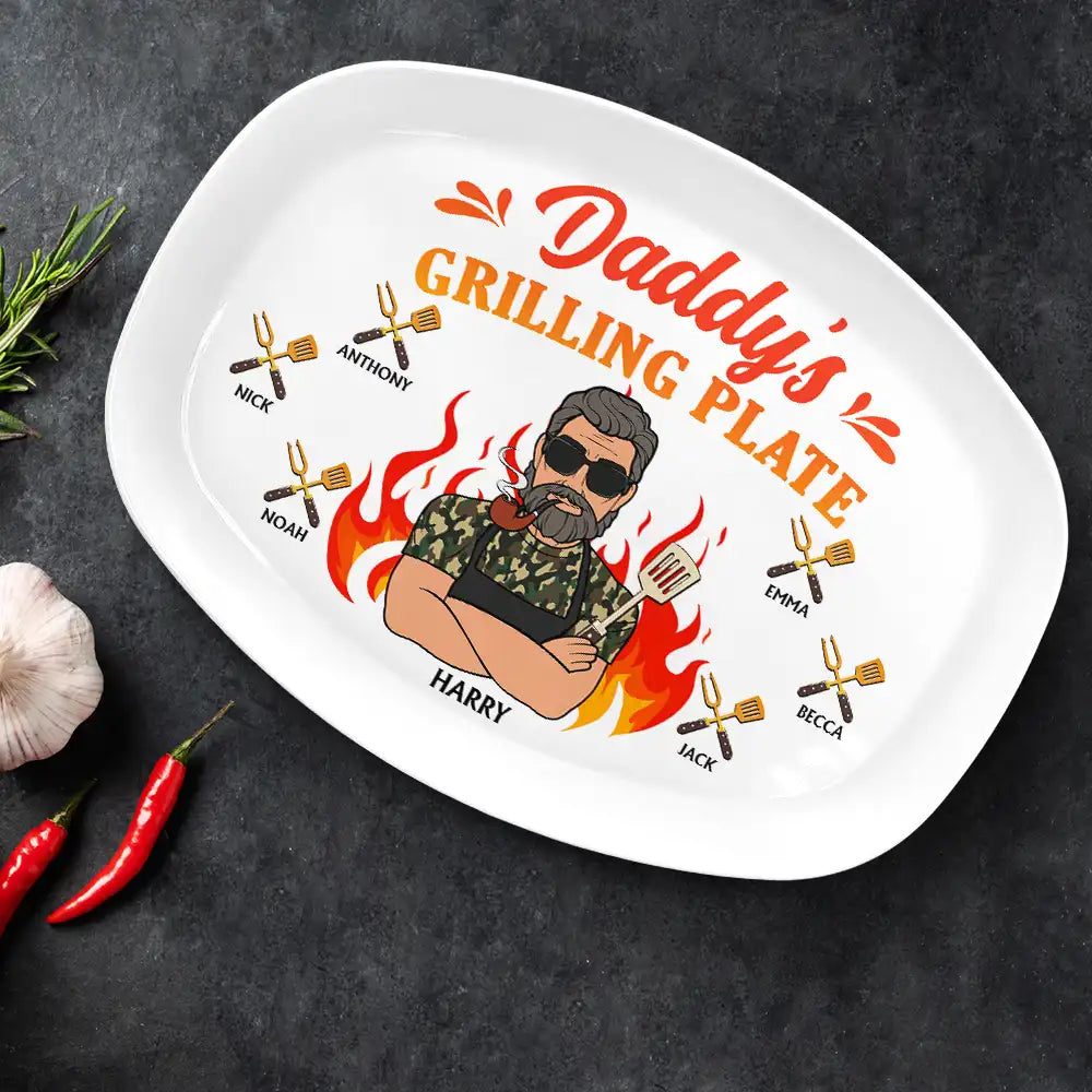 Daddy Grilling Plate Fire Cartoon - Personalized Plate by Inkedjoy