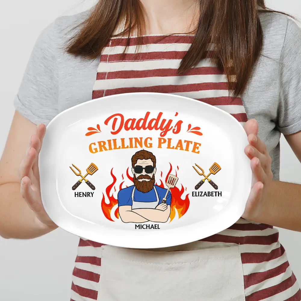 Daddy Grilling Plate Fire Cartoon - Personalized Plate by Inkedjoy