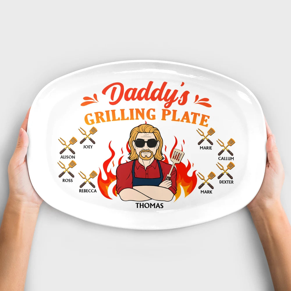Daddy Grilling Plate Fire Cartoon - Personalized Plate by Inkedjoy