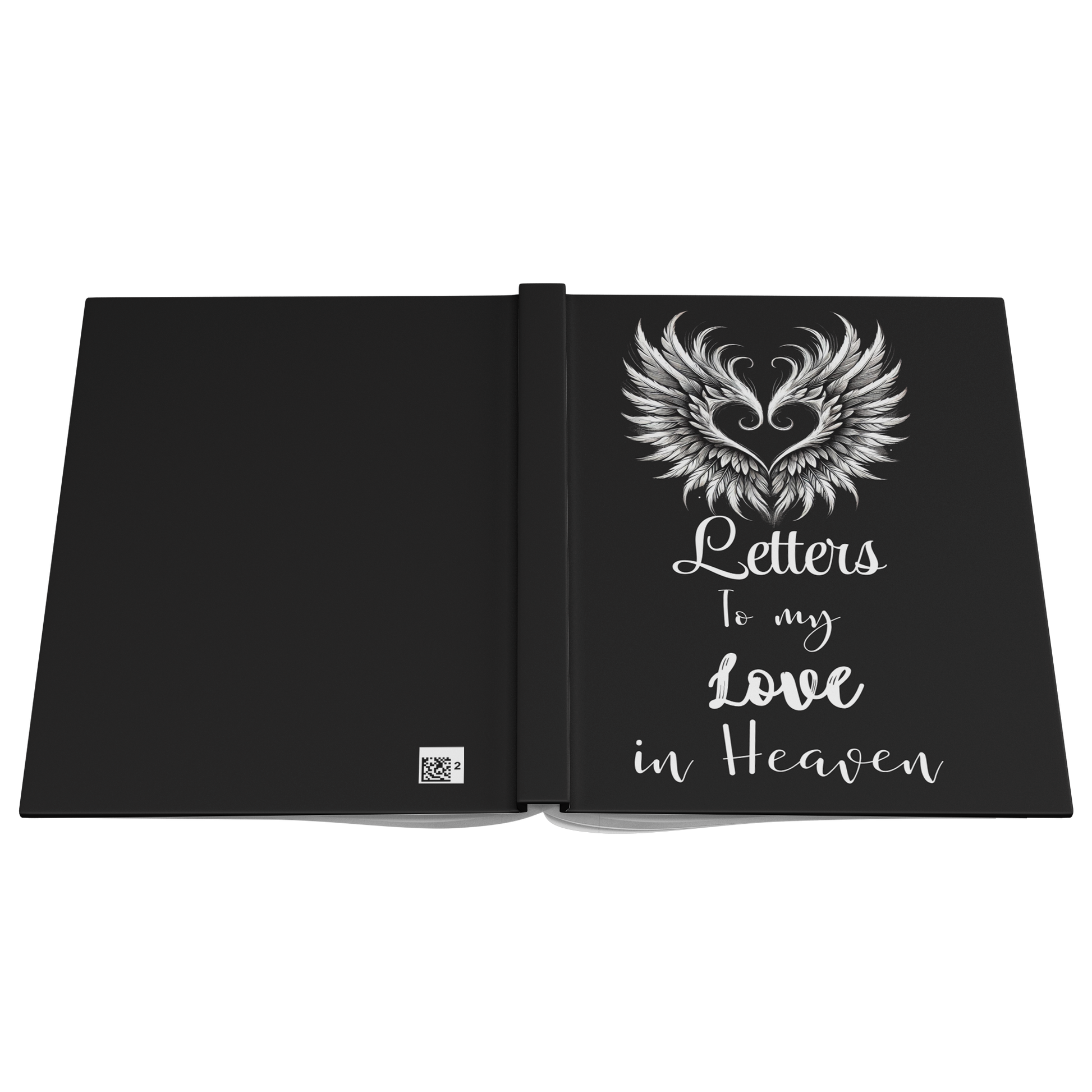 Black hardcover journal with silver winged heart design and "Letters to my Love in Heaven" text on cover.
