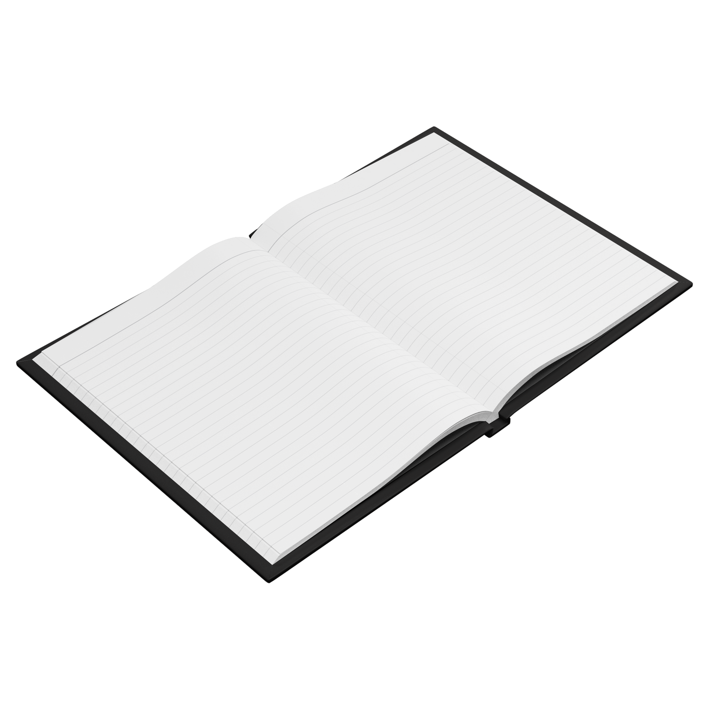 Open hardcover journal with white lined pages and black cover lying flat.