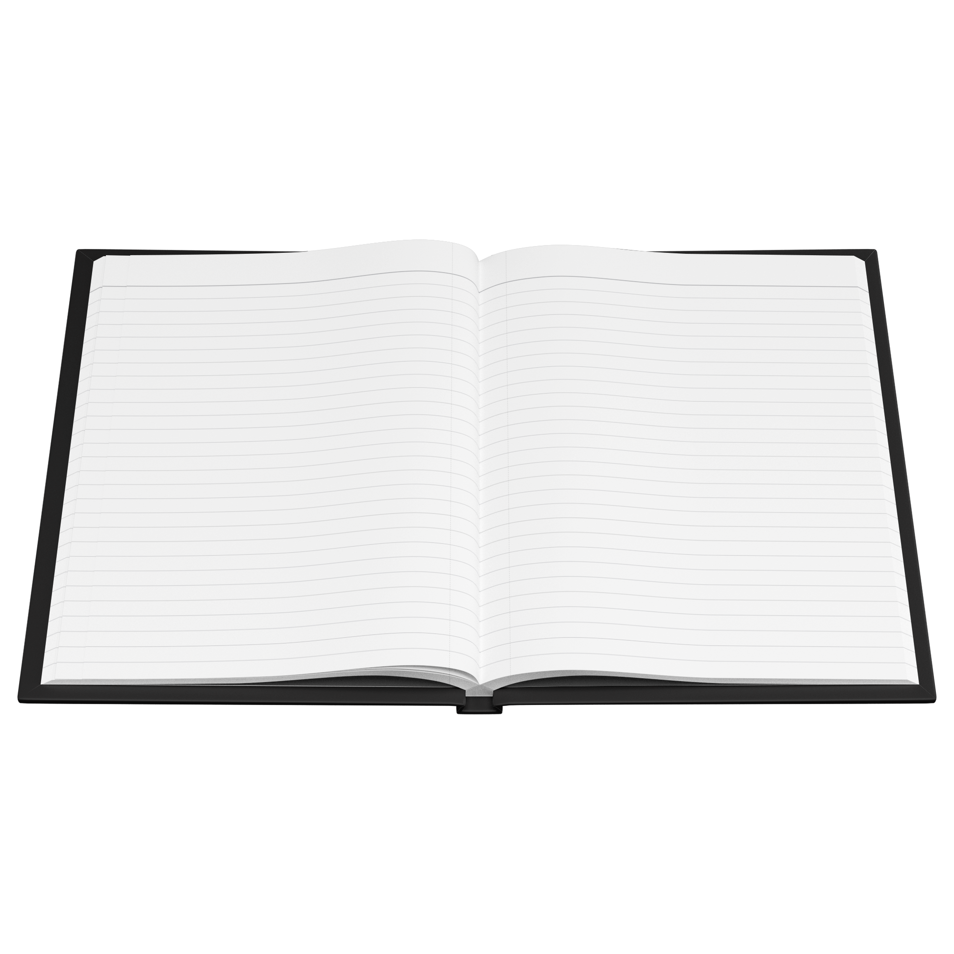 Open hardcover journal with lined white pages and black cover against white background.